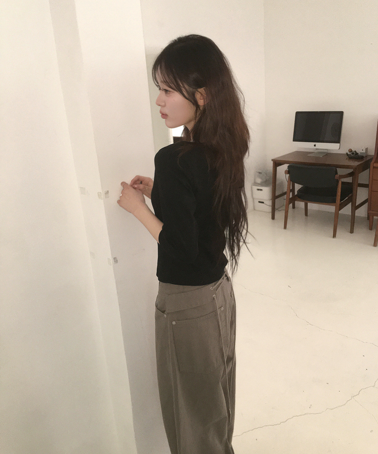 ボートネック7分丈Tシャツ BLACK