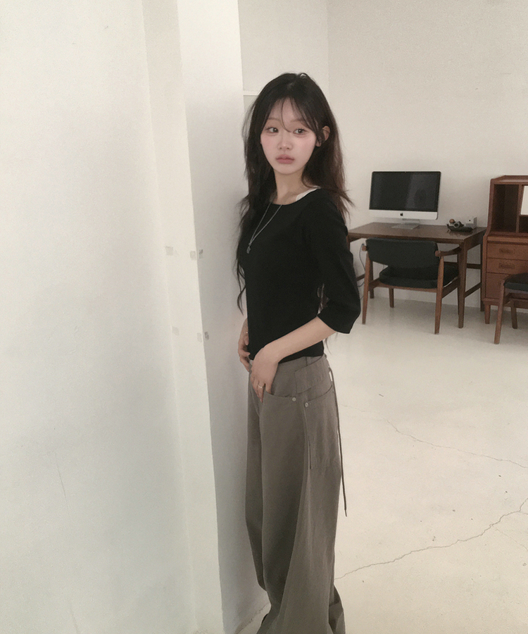 ボートネック7分丈Tシャツ BLACK