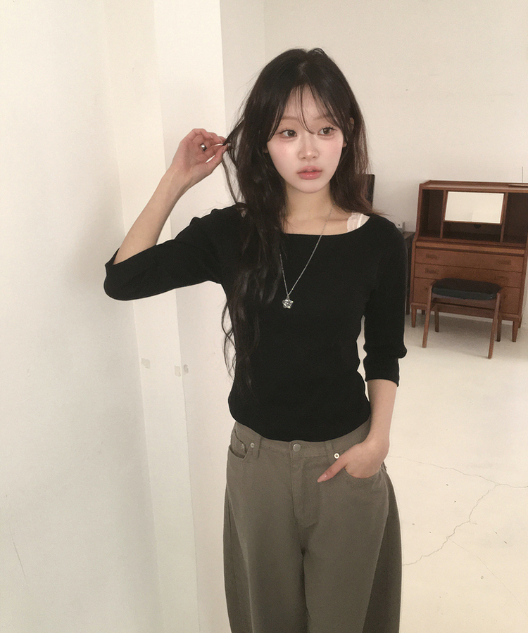 ボートネック7分丈Tシャツ BLACK