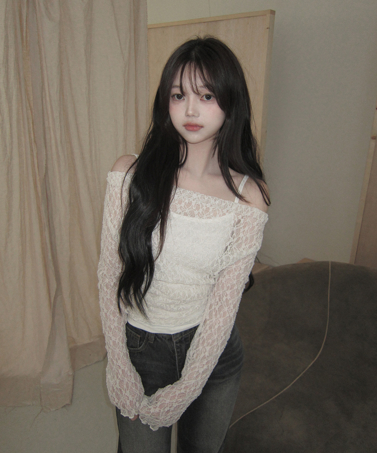 【SET】オフショルダーレーストップス レイヤードキャミソール CREAM