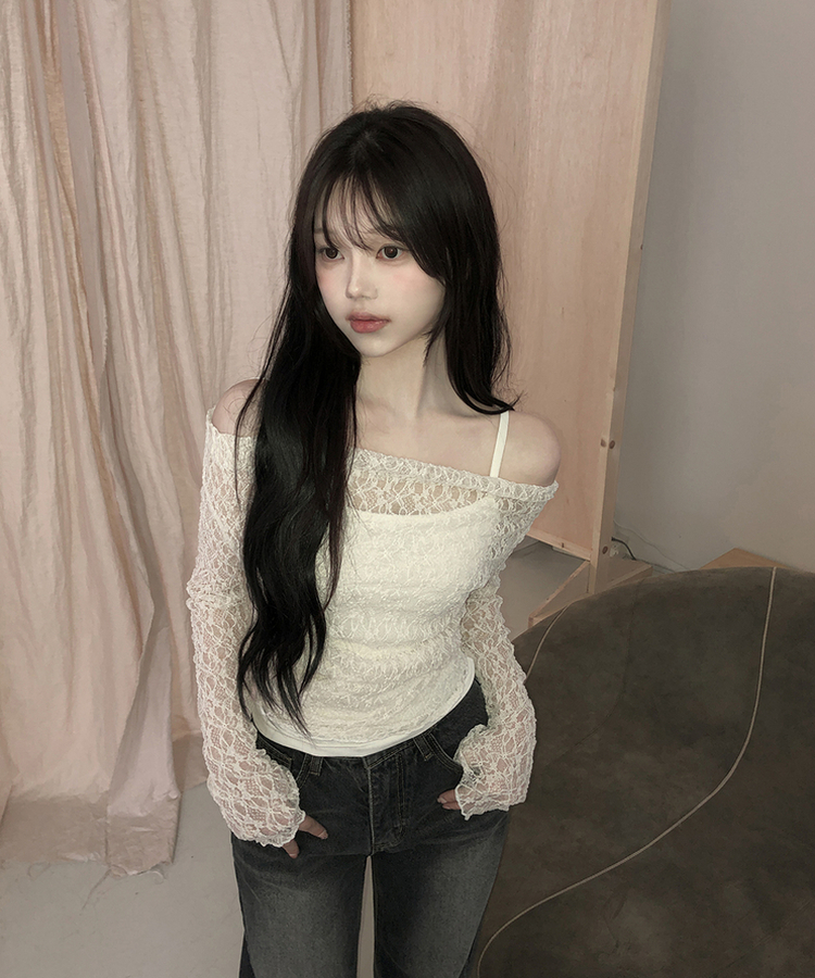 【SET】オフショルダーレーストップス レイヤードキャミソール CREAM