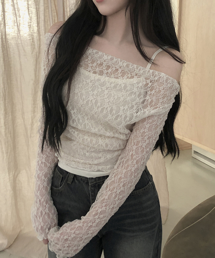 【SET】オフショルダーレーストップス レイヤードキャミソール CREAM