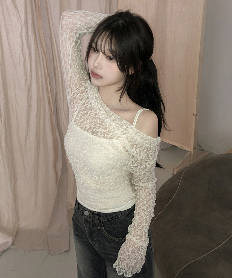 【SET】オフショルダーレーストップス レイヤードキャミソール CREAM