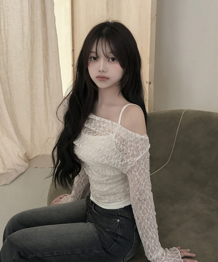 【SET】オフショルダーレーストップス レイヤードキャミソール CREAM