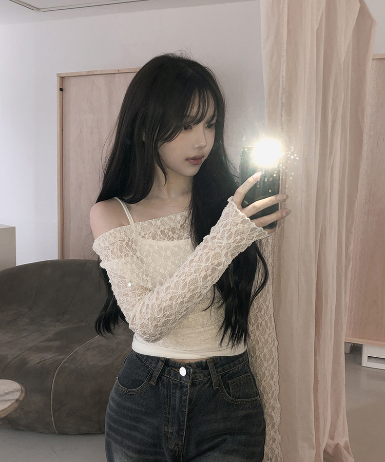 【SET】オフショルダーレーストップス レイヤードキャミソール CREAM