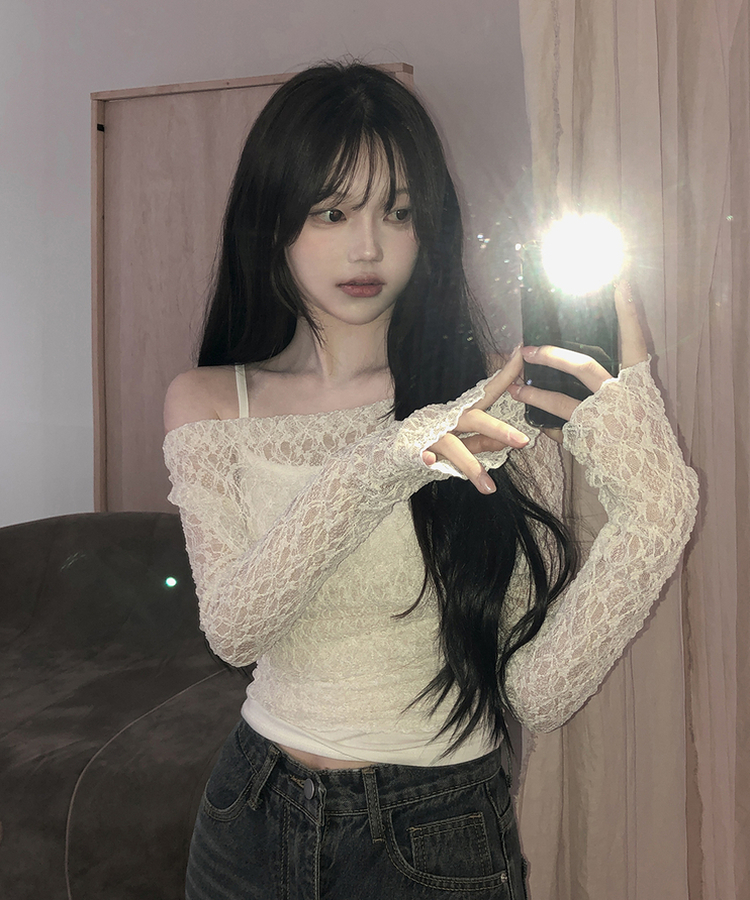 【SET】オフショルダーレーストップス レイヤードキャミソール CREAM