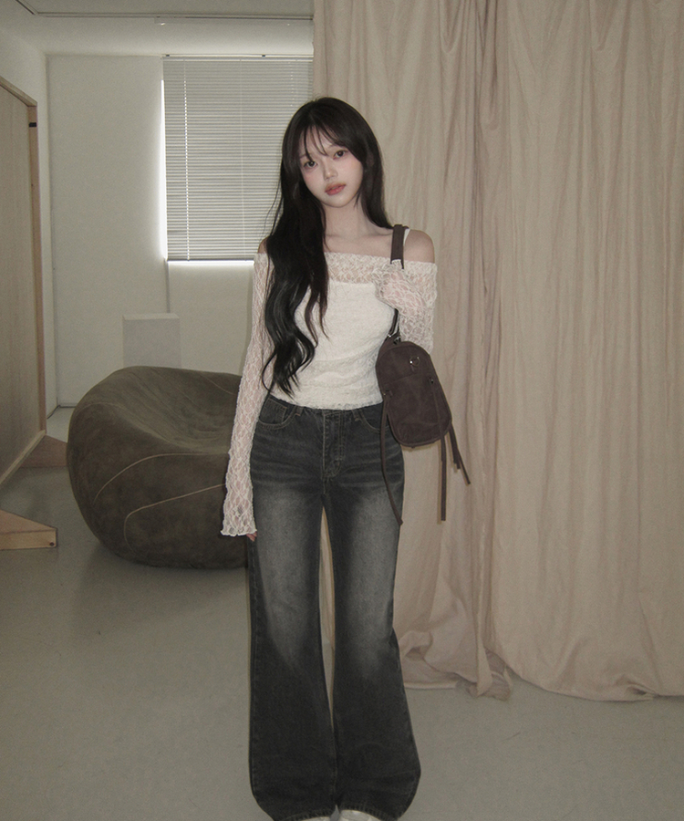 【SET】オフショルダーレーストップス レイヤードキャミソール CREAM