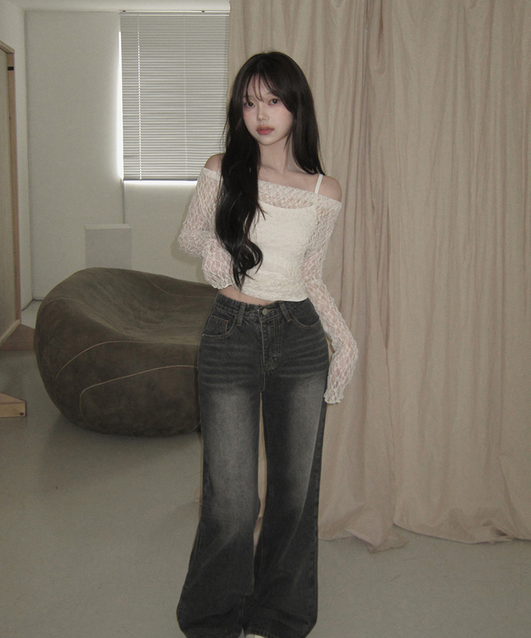 【SET】オフショルダーレーストップス レイヤードキャミソール CREAM