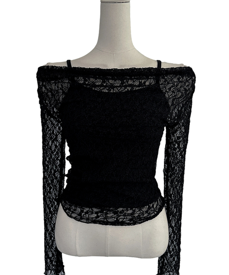 【SET】オフショルダーレーストップス レイヤードキャミソール