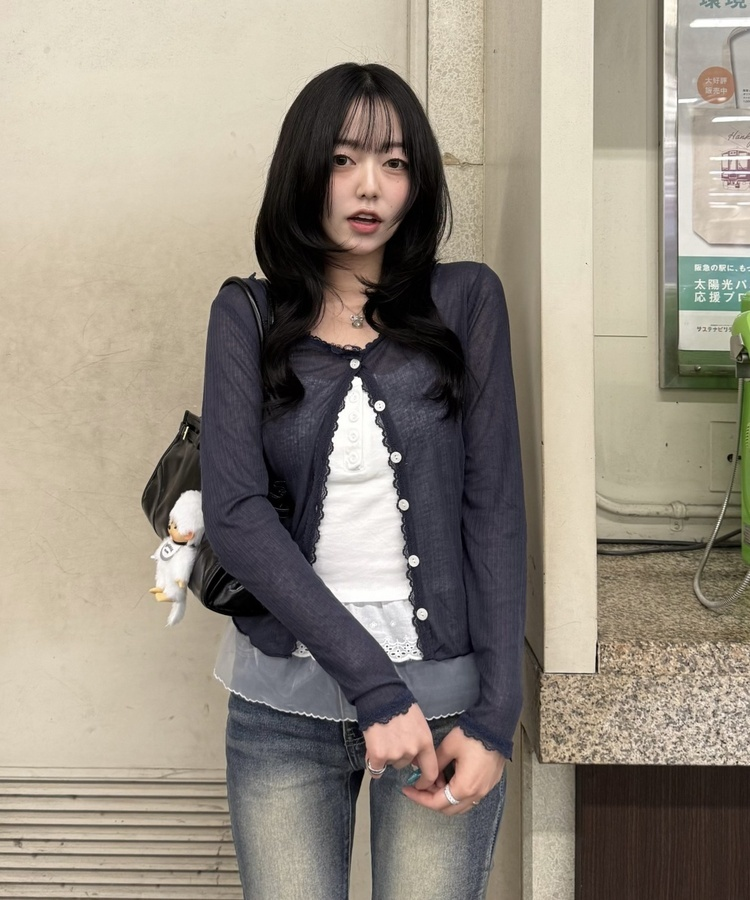 여리핏 시스루 가디건 네이비