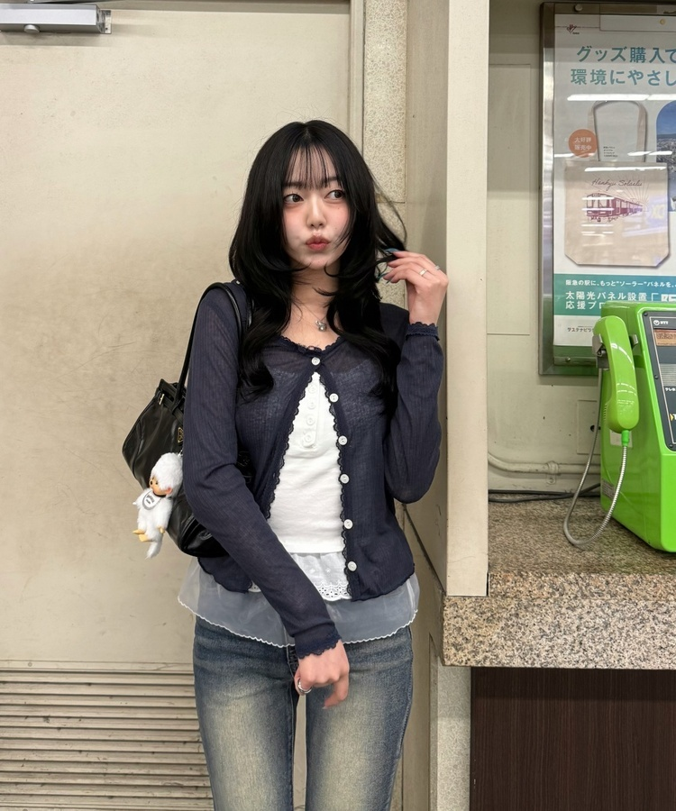 여리핏 시스루 가디건 네이비