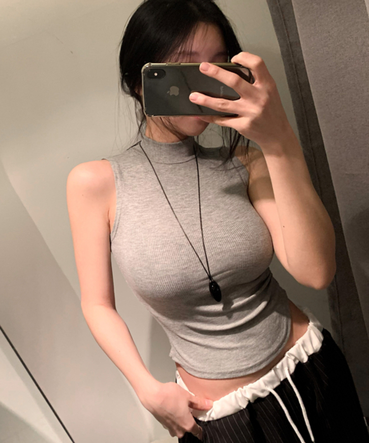 モックネックリブキャミソールトップス(8color) GREY