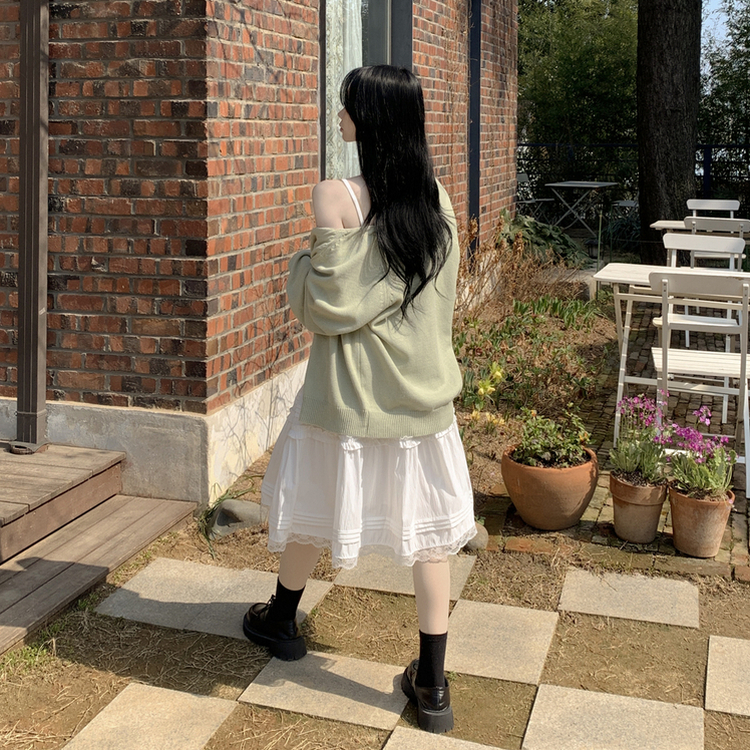 레이스 프릴 밴딩 플레어 A라인 캉캉 미디스커트 화이트 롱스커트 발레코어 벚꽃룩 봄코디 화이트