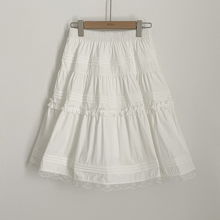 레이스 프릴 밴딩 플레어 A라인 캉캉 미디스커트 화이트 롱스커트 발레코어 벚꽃룩 봄코디