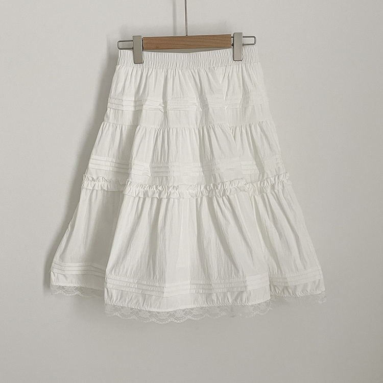 레이스 프릴 밴딩 플레어 A라인 캉캉 미디스커트 화이트 롱스커트 발레코어 벚꽃룩 봄코디