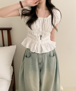 フリルオフショルダーボタンパフブラウス WHITE