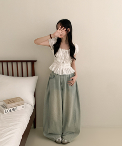 フリルオフショルダーボタンパフブラウス WHITE