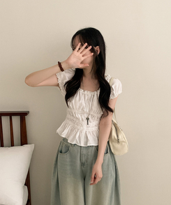 フリルオフショルダーボタンパフブラウス WHITE