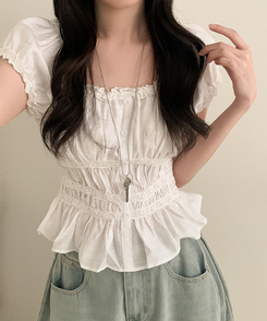 フリルオフショルダーボタンパフブラウス WHITE