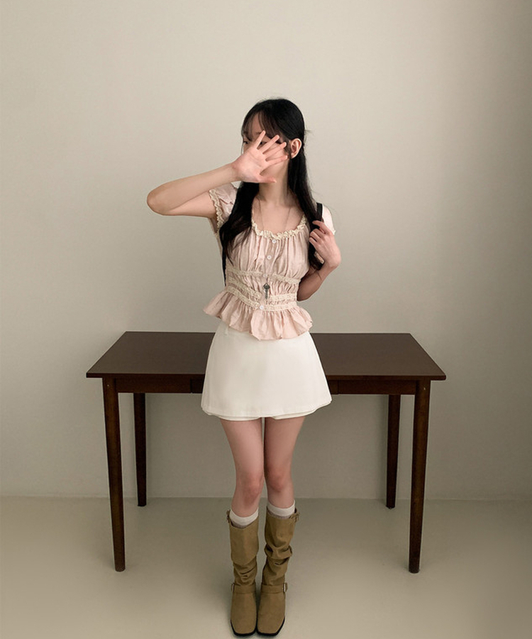 フリルオフショルダーボタンパフブラウス LIGHT PINK