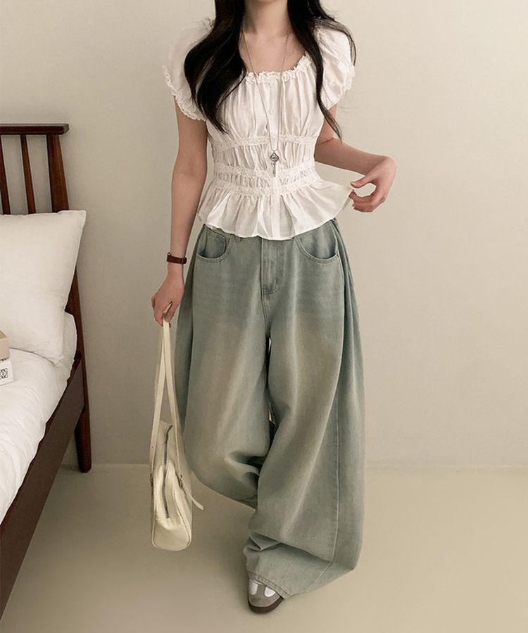 フリルオフショルダーボタンパフブラウス WHITE