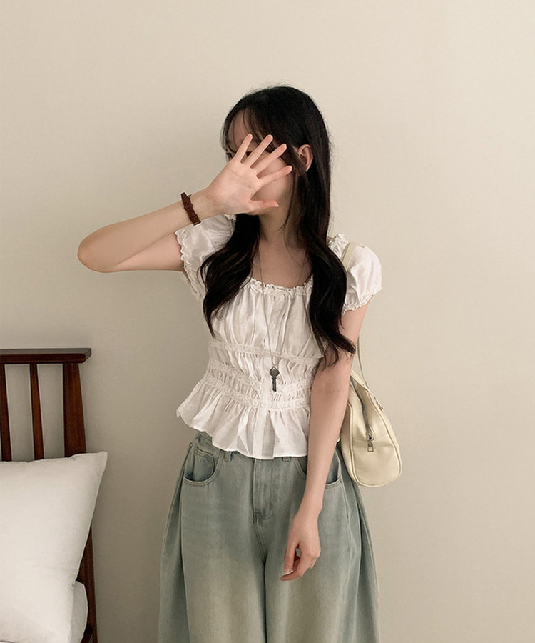 フリルオフショルダーボタンパフブラウス WHITE