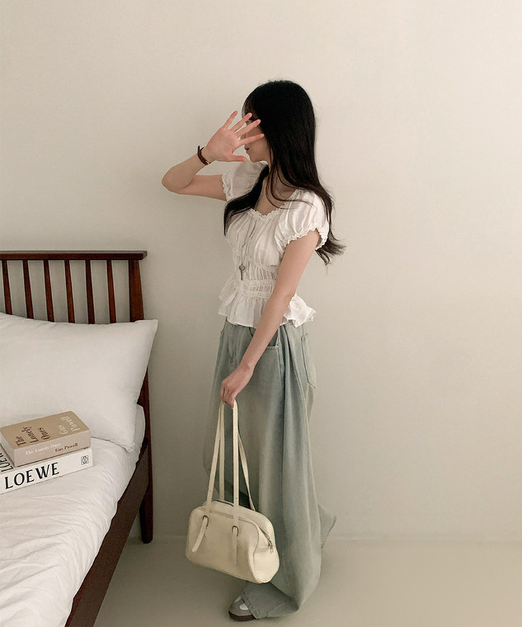 フリルオフショルダーボタンパフブラウス WHITE