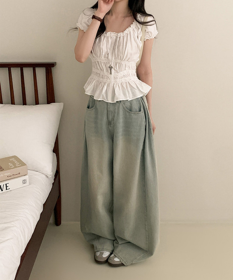 フリルオフショルダーボタンパフブラウス WHITE