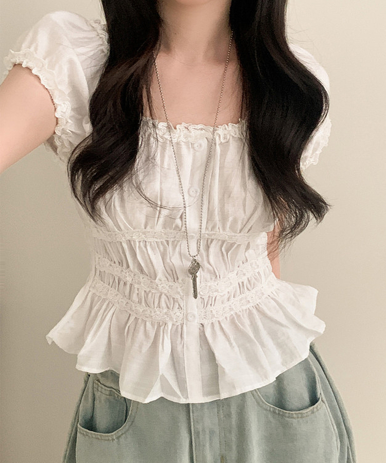 フリルオフショルダーボタンパフブラウス WHITE