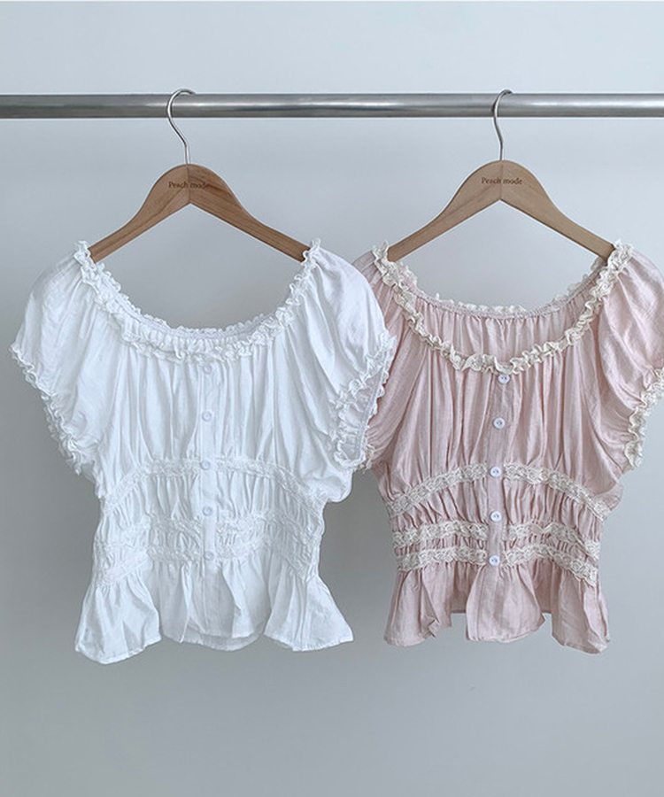 フリルオフショルダーボタンパフブラウス