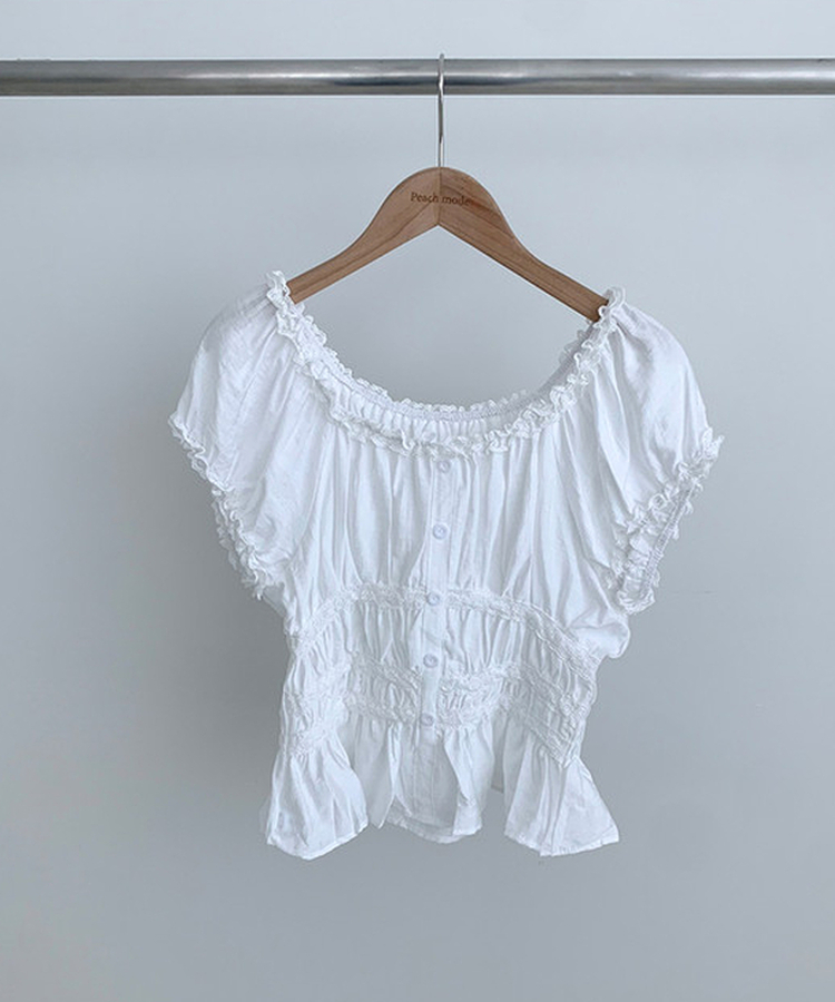 フリルオフショルダーボタンパフブラウス