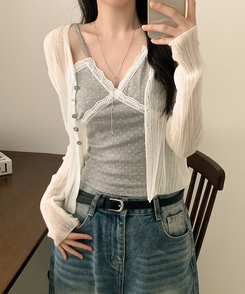 Vネックシアー長袖カーディガン IVORY