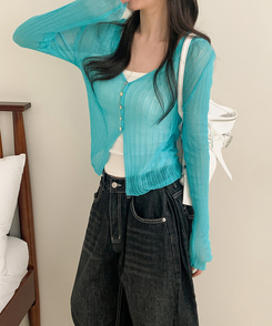 Vネックシアー長袖カーディガン SKY BLUE