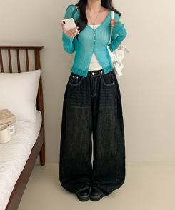 Vネックシアー長袖カーディガン SKY BLUE