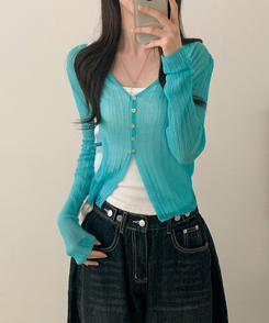 Vネックシアー長袖カーディガン SKY BLUE