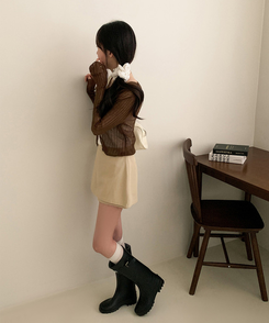 Vネックシアー長袖カーディガン BROWN