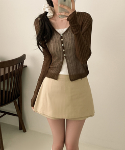 Vネックシアー長袖カーディガン BROWN