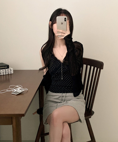 Vネックシアー長袖カーディガン BLACK