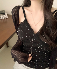 Vネックシアー長袖カーディガン BLACK