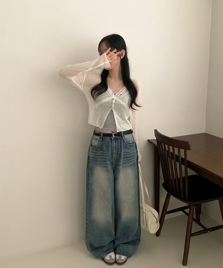 Vネックシアー長袖カーディガン IVORY