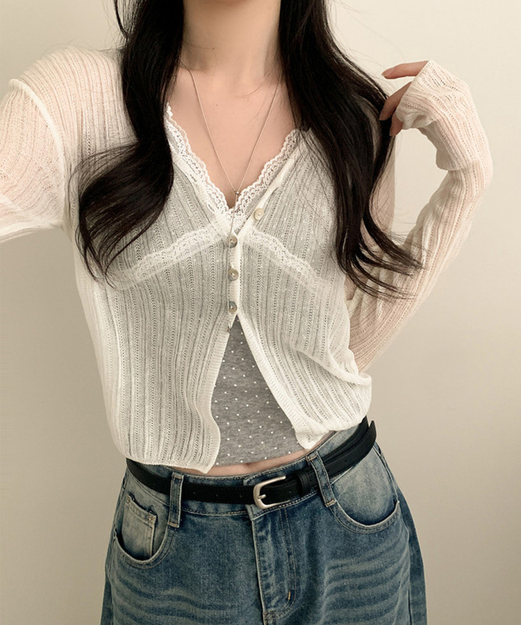 Vネックシアー長袖カーディガン IVORY