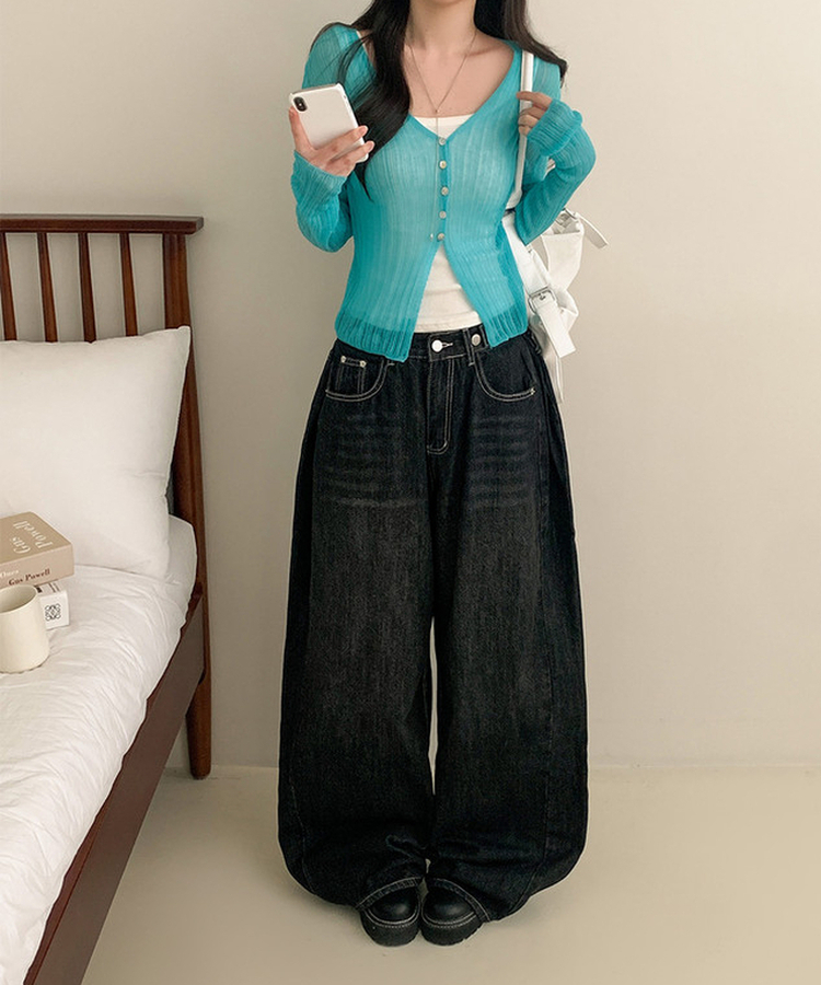 Vネックシアー長袖カーディガン SKY BLUE