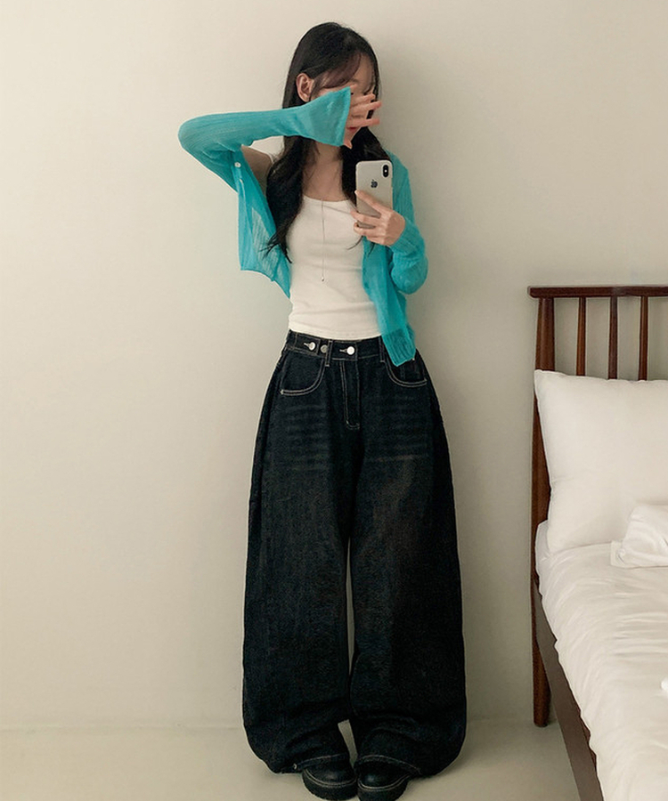 Vネックシアー長袖カーディガン SKY BLUE