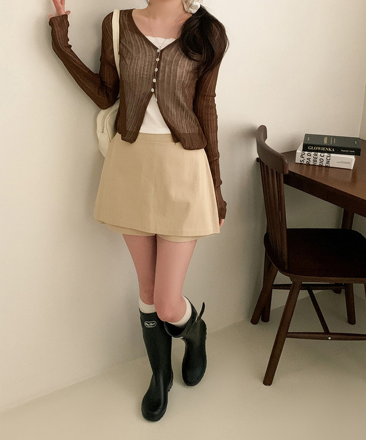 Vネックシアー長袖カーディガン BROWN