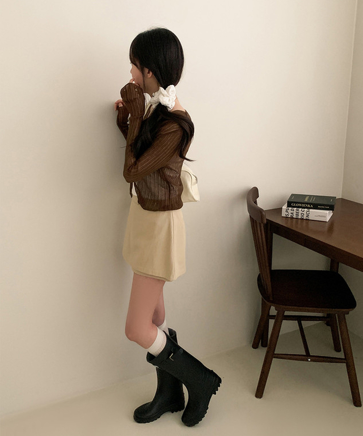 Vネックシアー長袖カーディガン BROWN