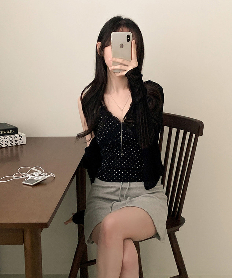 Vネックシアー長袖カーディガン BLACK