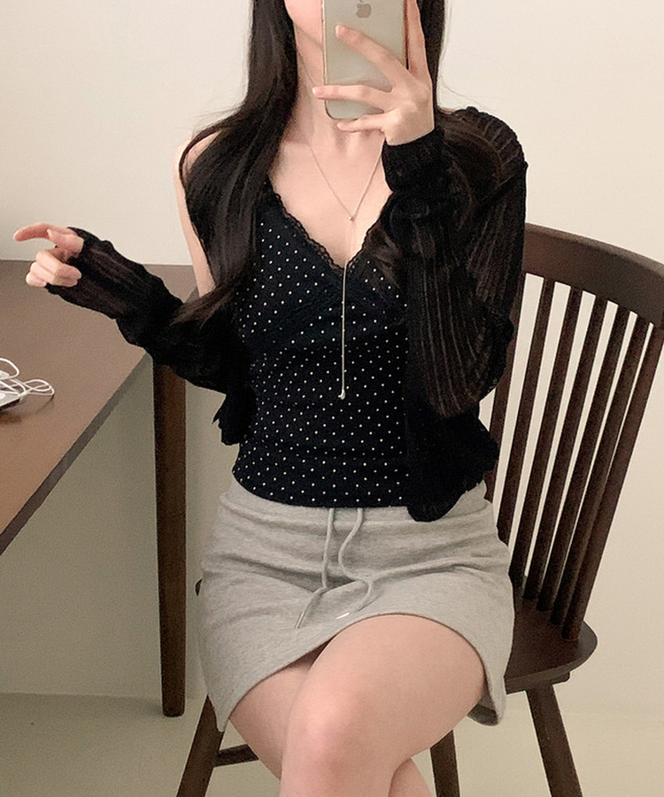 Vネックシアー長袖カーディガン BLACK