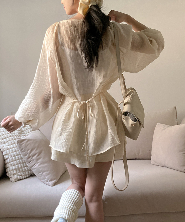 【SET】シフォンブラウス＋ショートパンツ BEIGE