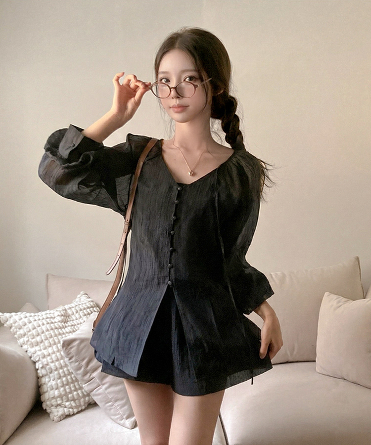 【SET】シフォンブラウス＋ショートパンツ BLACK