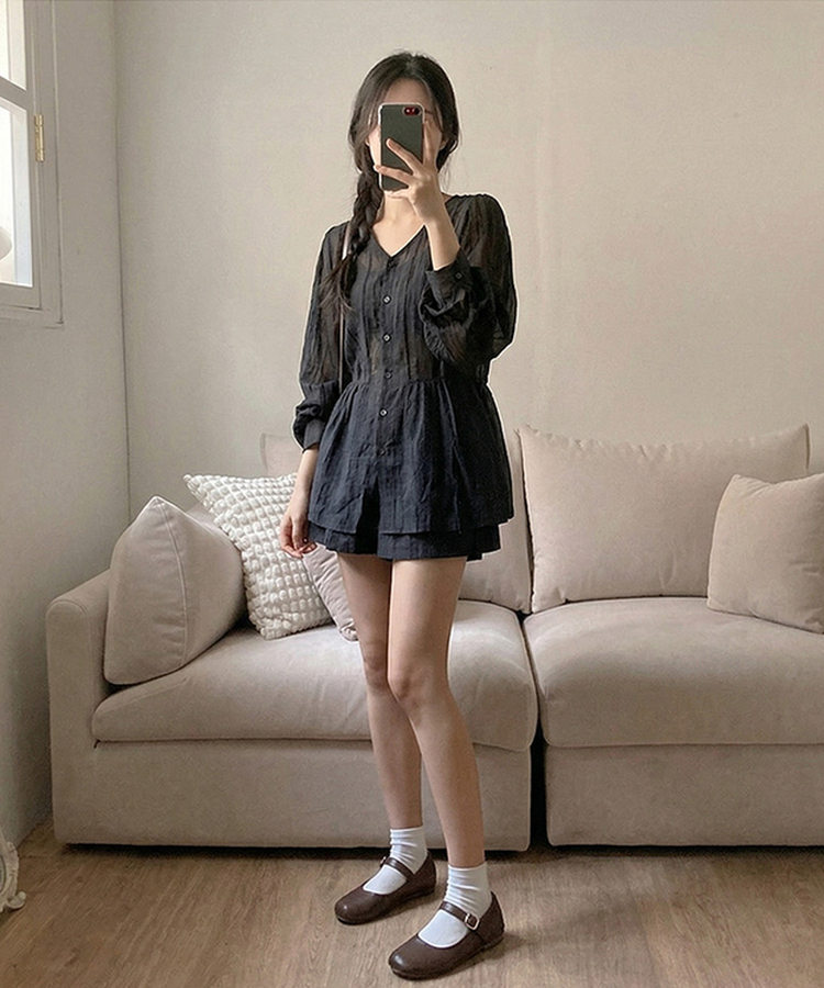 【SET】シフォンブラウス＋ショートパンツ BLACK